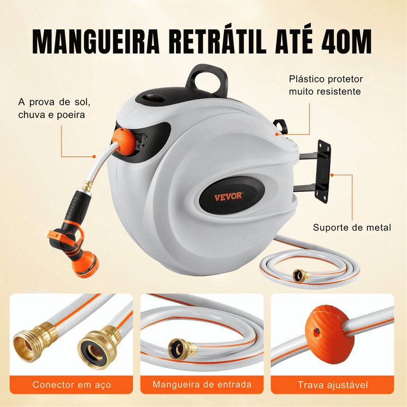 Carretel Retrátil Vevor 40m x 1/2 – Jardim, Carro e Quintal